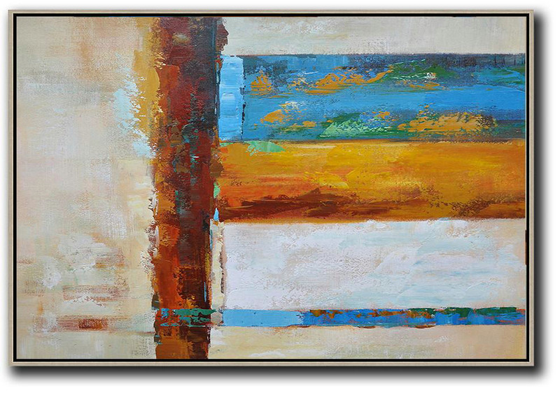 Acrylic Minimailist Painting,Oversized Horizontal Contemporary Art,Huge Abstract Canvas Art Blue,Yellow,White,Brown,Light Yellow